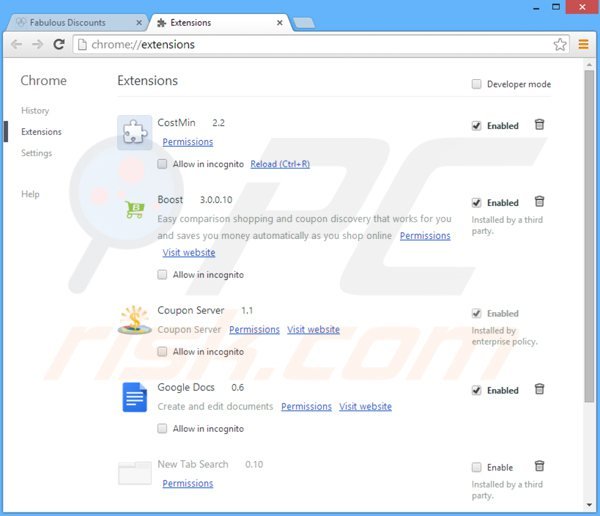 Eliminando los anuncios fabulousdiscounts de Google Chrome paso 2