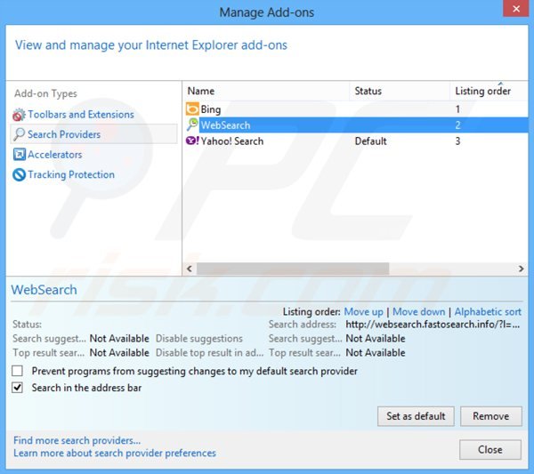 Eliminando websearch.fastosearch.info del motor de búsqueda por defecto de Internet Explorer