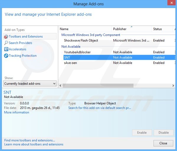 Eliminando las extensiones relacionadas con websearch.fastosearch.info en Internet Explorer