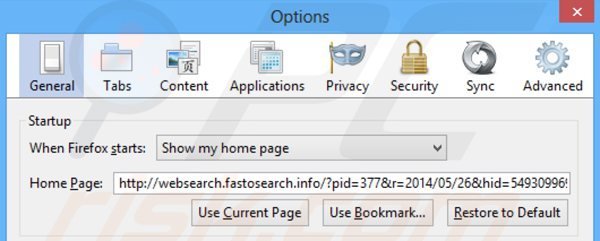 Eliminando websearch.fastosearch.info de la página de inicio de Mozilla Firefox