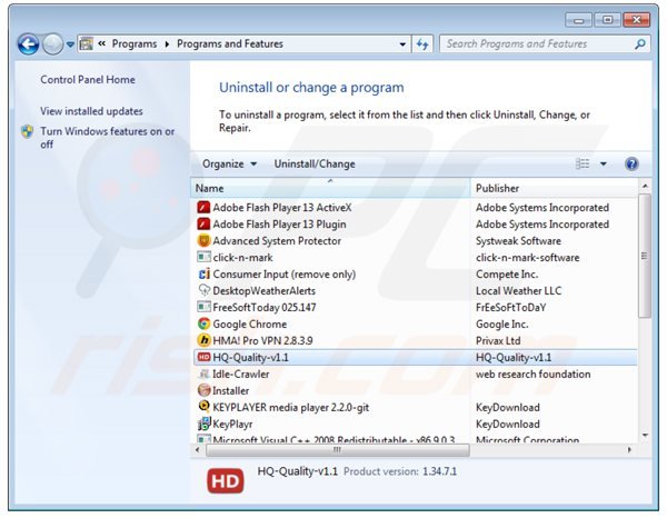 desinstalar el adware hq-quality del Panel de control