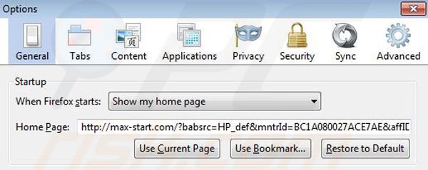 Eliminando Max-start.com de la página de inicio de Mozilla Firefox