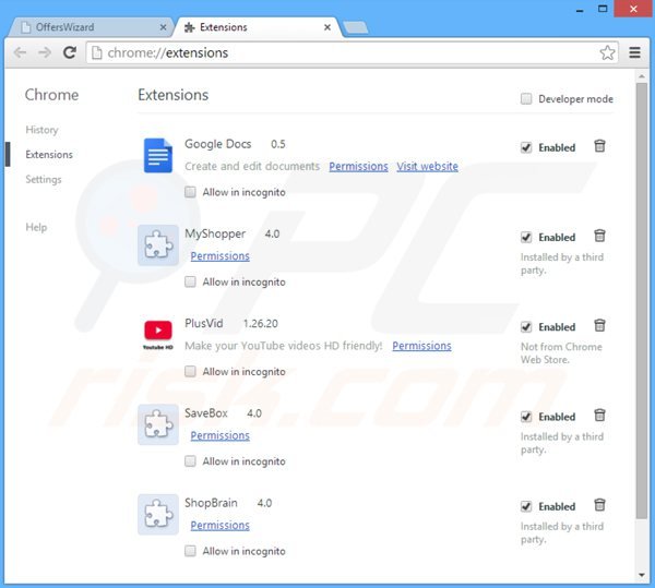 Eliminando los anuncios offerswizard de Google Chrome paso 2