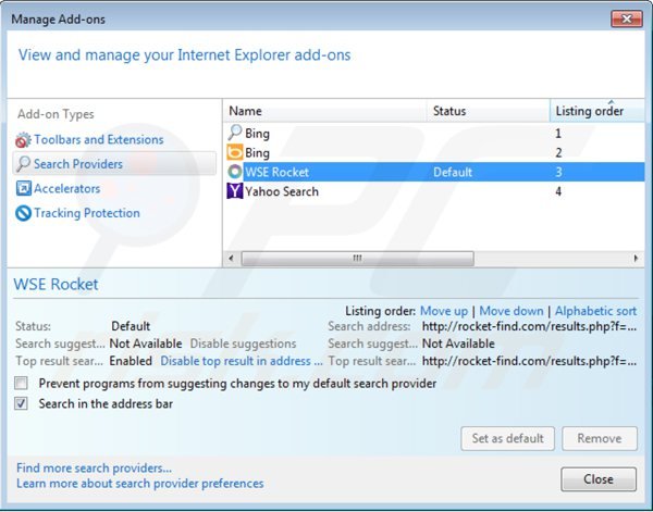 Eliminando rocket-find.com del motor de búsqueda por defecto de Internet Explorer