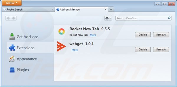 Eliminando rocket-find.com de las extensiones de Mozilla Firefox