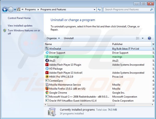 desinstalar rrsavings a través del Panel de control