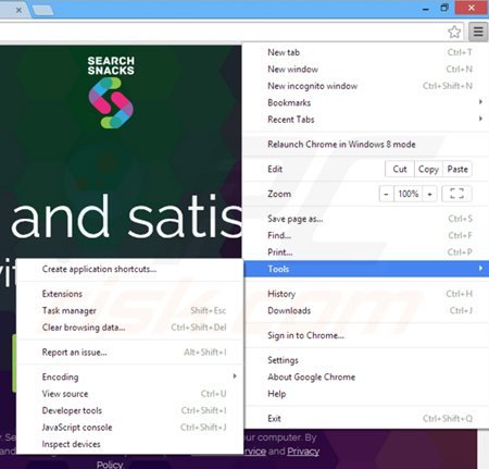 Eliminando search snacks de Google Chrome paso 1