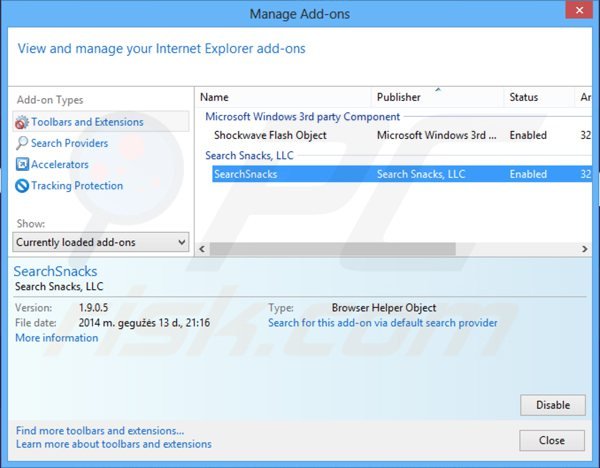 Eliminando search snacks de Internet Explorer paso 2