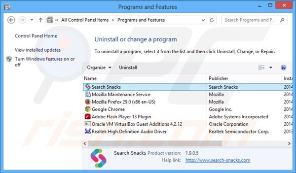 desinstalar search snacks a través del Panel de control