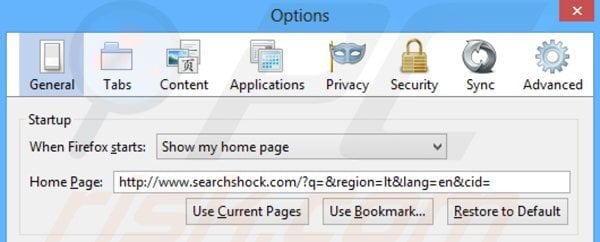 Eliminando searchshock.com de la página de inicio de Mozilla Firefox