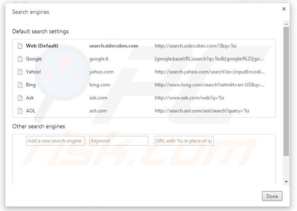 Eliminando search.sidecubes.com del motor de búsqueda por defecto de Google Chrome