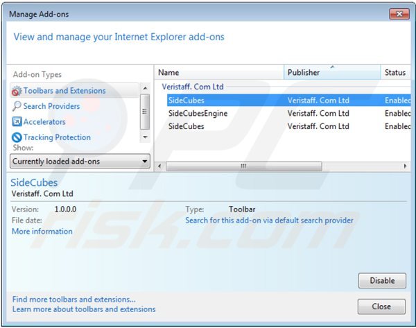 Eliminando las extensiones relacionadas con search.sidecubes.com en Internet Explorer