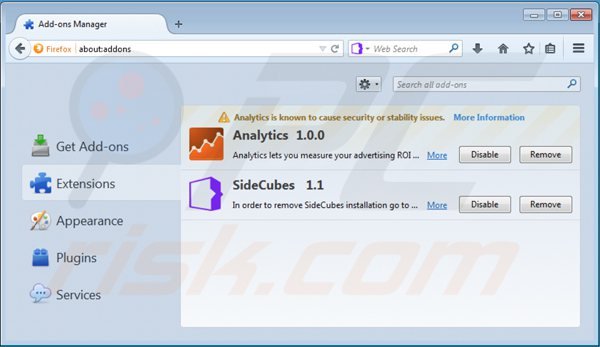 Eliminando search.sidecubes.com de las extensiones de Mozilla Firefox