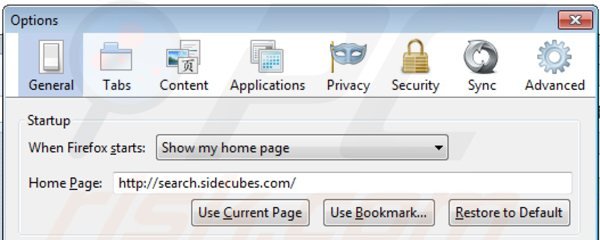 Eliminando search.sidecubes.com de la página de inicio de Mozilla Firefox