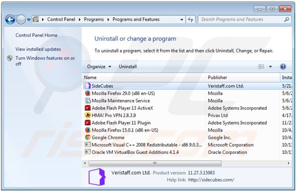 desinstalar las aplicaciones Sidecubes a través del Panel de control