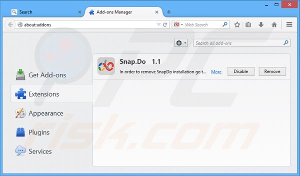Eliminando snapdo.com de las extensiones de Mozilla Firefox