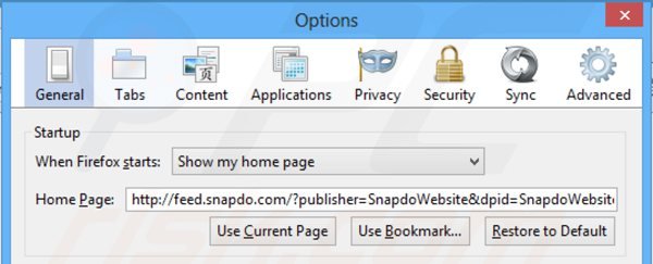 Eliminando feed.snapdo.com de la página de inicio de Mozilla Firefox