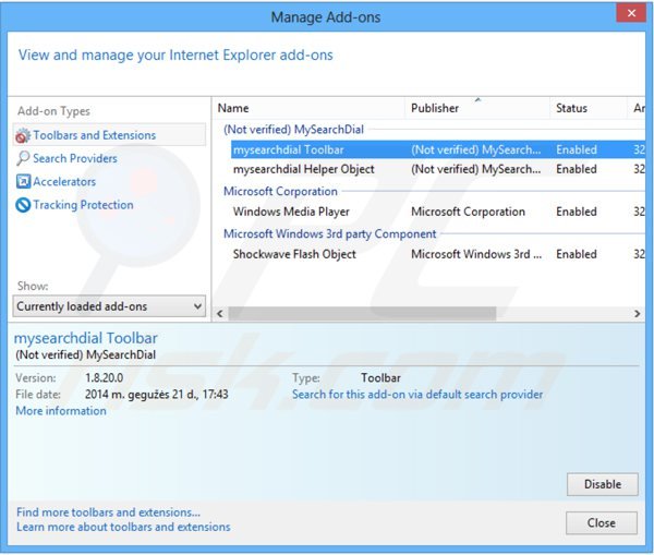 Eliminando las extensiones relacionadas con speedial.com en Internet Explorer