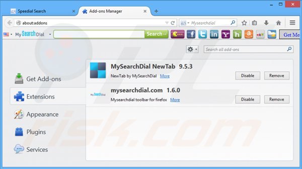 Eliminando speedial.com de las extensiones de Mozilla Firefox