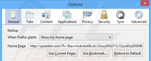 Eliminando speedial.com de la página de inicio de Mozilla Firefox