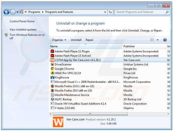 desinstalar el adware we-care del Panel de control