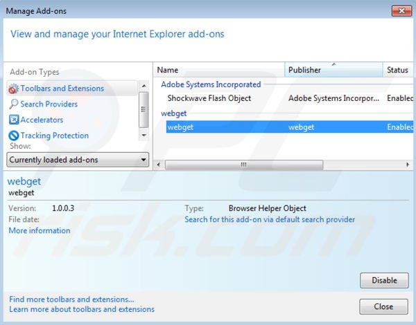 Eliminando webget de Internet Explorer paso 2