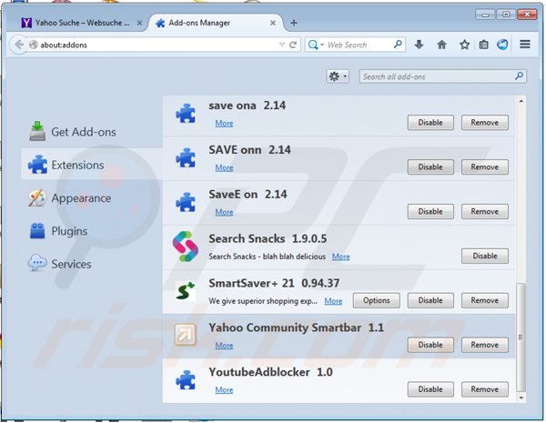 Eliminando yahoo community smartbar de las extensiones de Mozilla Firefox