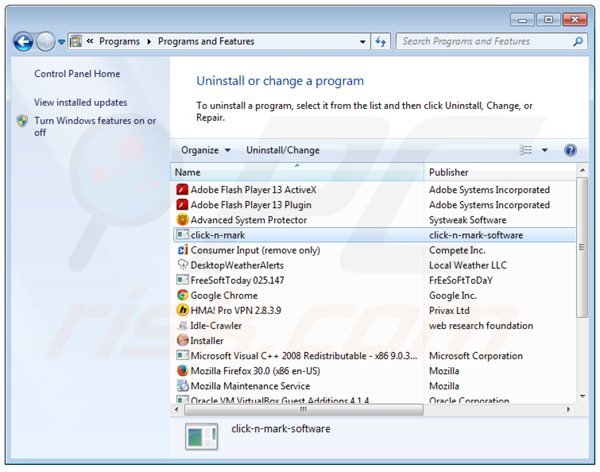 desinstalar el adware clicknmark del Panel de control
