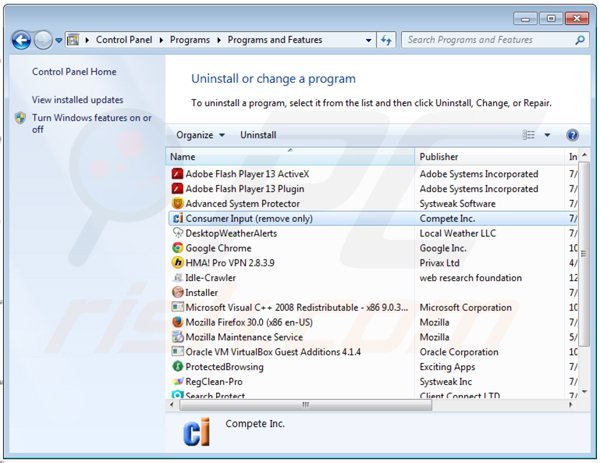 desinstalar el adware consumerinput del Panel de control