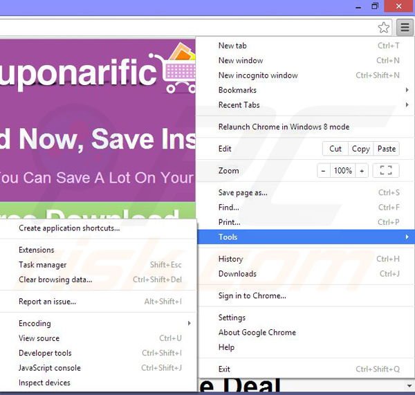 Eliminando los anuncios Couponarific de Google Chrome paso 1