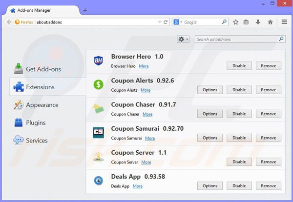 Eliminando los anuncios Couponarific de Mozilla Firefox paso 2