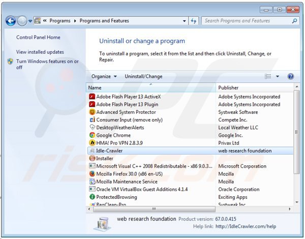 desinstalar el adware idlecrawler del Panel de control