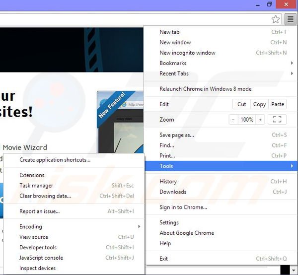 Eliminando los anuncios Movie Wizard de Google Chrome paso 1