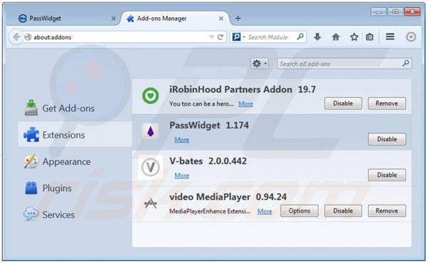 Eliminando passwidget de Mozilla Firefox paso 2