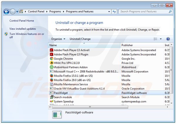 desinstalar el adware passwidget del Panel de control