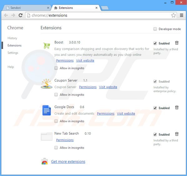 Eliminando los anuncios sendori de Google Chrome paso 2