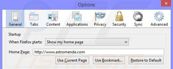 Eliminar el secuestrador de navegadores Astromenda de Mozilla Firefox paso 2