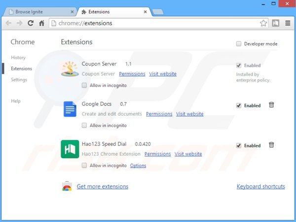 Eliminando los anuncios de browseignite de Google Chrome paso 2