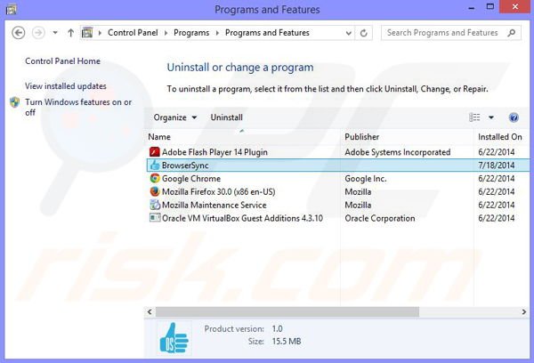 desinstalar el adware BrowserSync del Panel de control