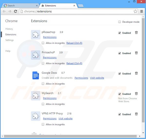 Eliminando las extensiones relacionadas con websearch.flyandsearch.info de Google Chrome