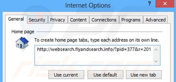 Eliminando websearch.flyandsearch.info de la página de inicio de Internet Explorer