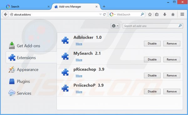 Eliminando websearch.flyandsearch.info de las extensiones de Mozilla Firefox