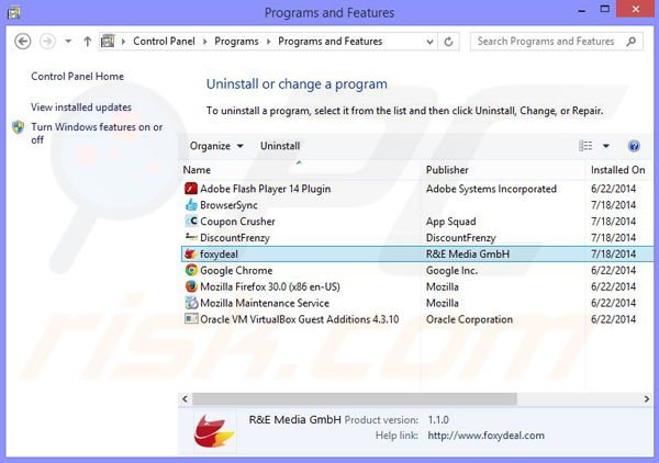 desinstalar el adware foxydeal del Panel de control