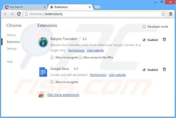 Eliminando la barra golsearch de las extensiones de Google Chrome