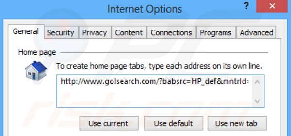 Eliminando golsearch.com de la página de inicio de Internet Explorer