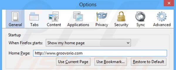 Eliminando groovorio.com de la página de inicio de Mozilla Firefox