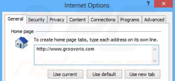 Eliminando groovorio.com de la página de inicio de Internet Explorer