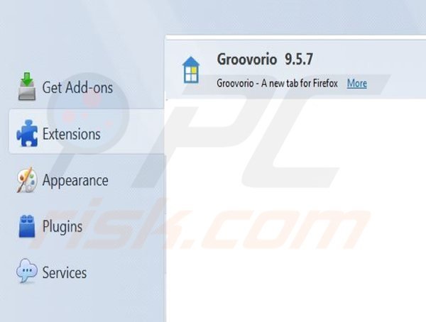 Eliminando groovorio.com de las extensiones de Mozilla Firefox