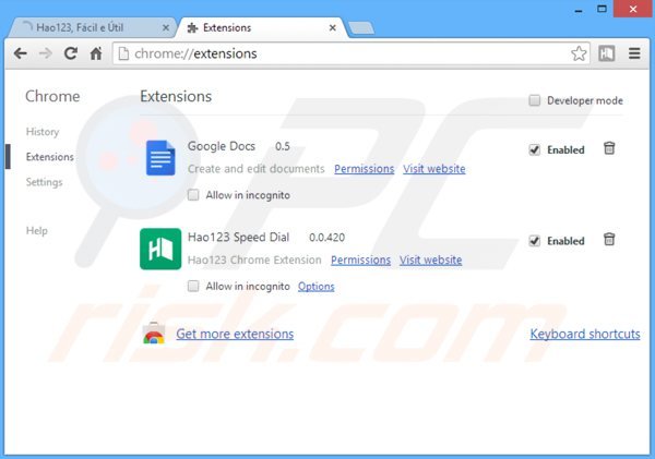 Eliminando las extensiones vinculadas a hao123.com en Google Chrome