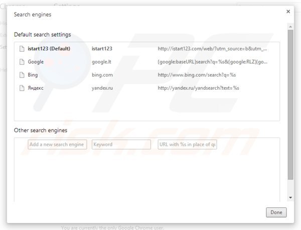 Eliminando istart123.com del motor de búsqueda predeterminado en Google Chrome